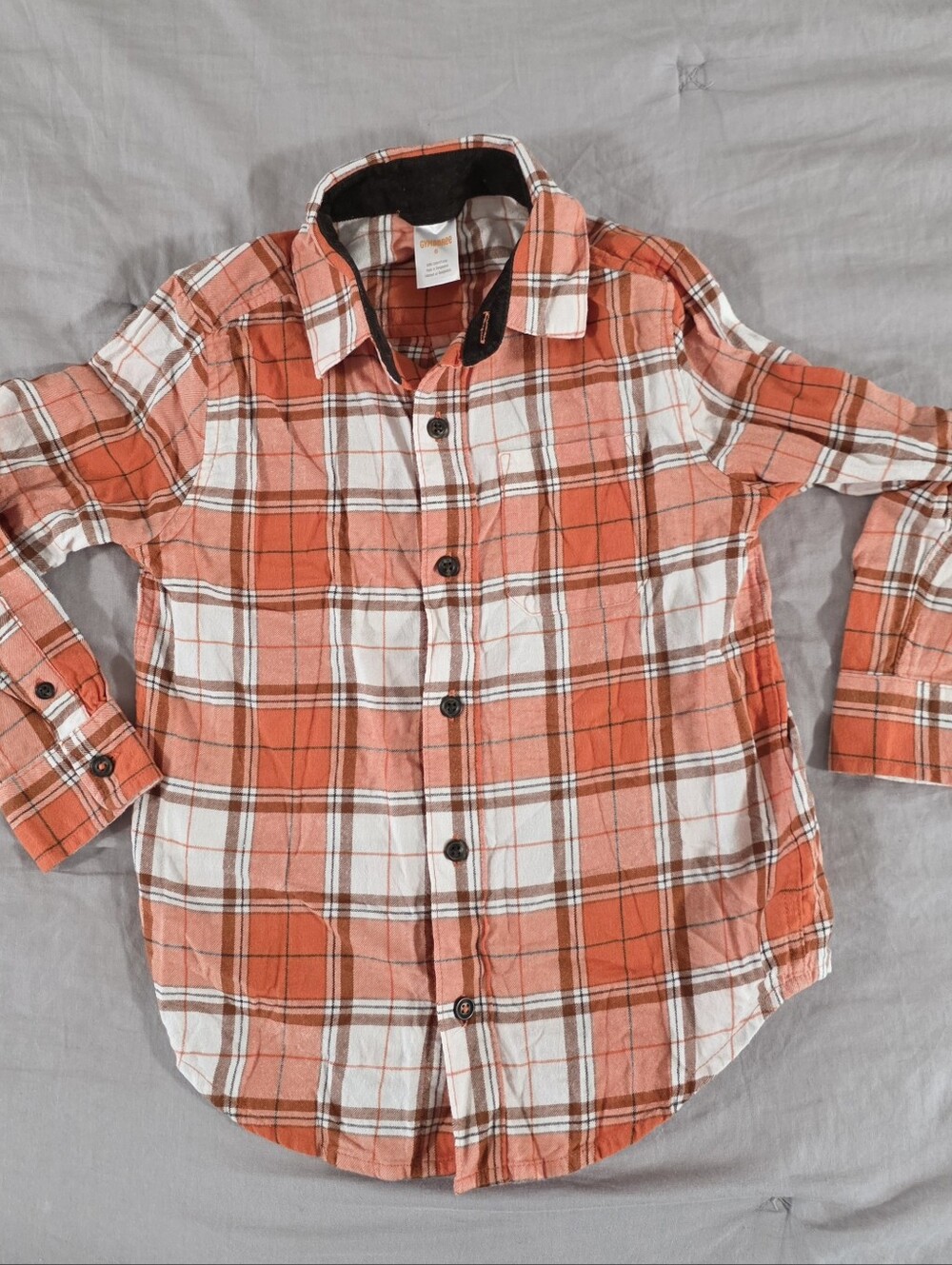 Gymboree Boys Orange & White Plaid Button Up Long Sleeve Flannel Shirt size 6